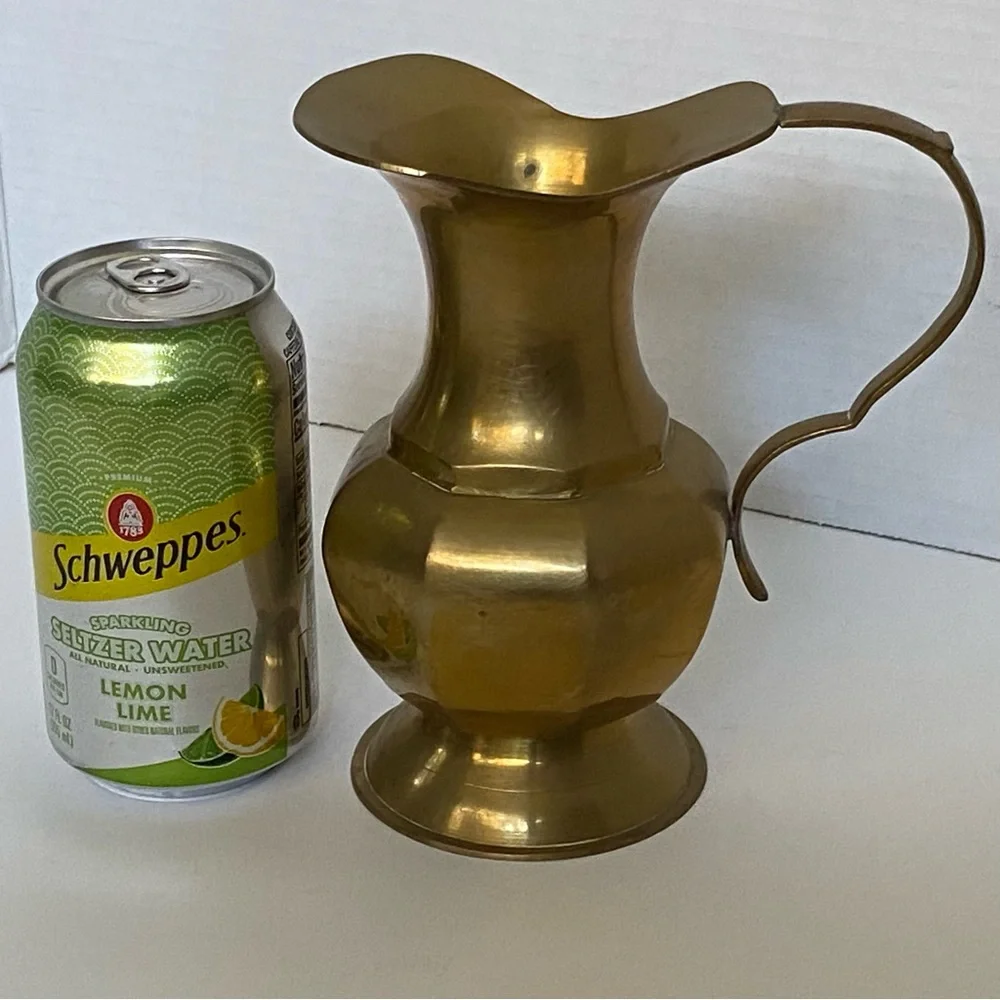 Vintage Solid Brass Pitcher Jug Vase Pretty Handle 6.5” Tall